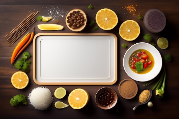 A tray of ingredients including a variety of ingredients including a bowl of lemon, beans, and a bowl of lemon.