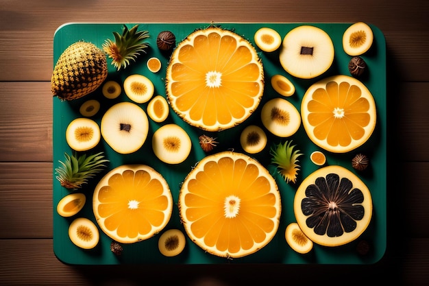 Free photo a tray of oranges and pineapples with pineapples on it