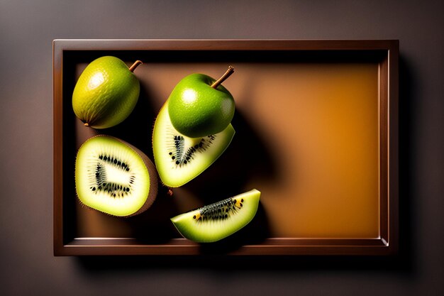 A tray of sliced kiwis with one being cut in half