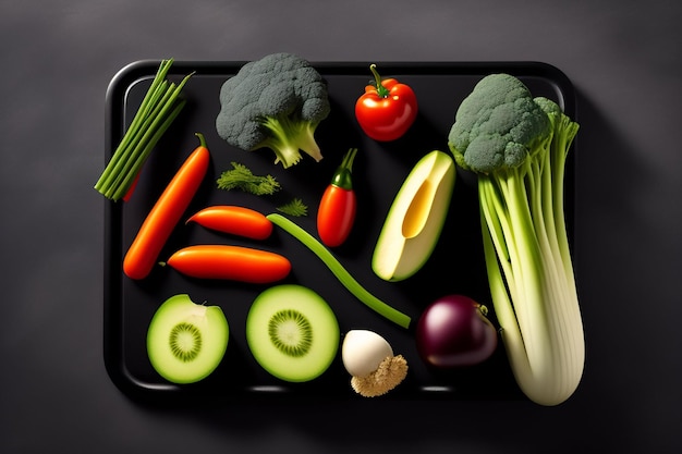 A tray of vegetables including broccoli, cucumber, red onion, and cucumber.