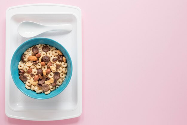 tray with cereals and milk with-copy space