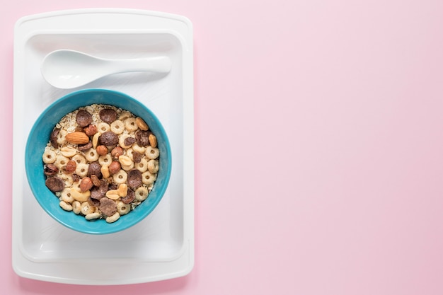 Tray with cereals and milk with-copy space