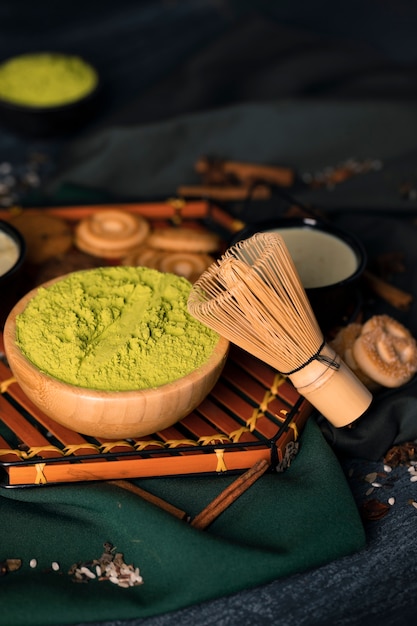 Tray with green powder on bowl for tea 