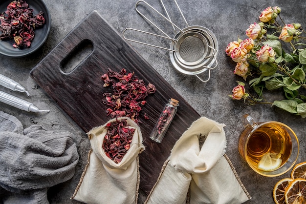 Tray with herb on table