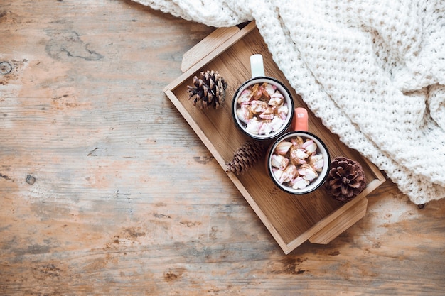 Tray with hot chocolate near blanket