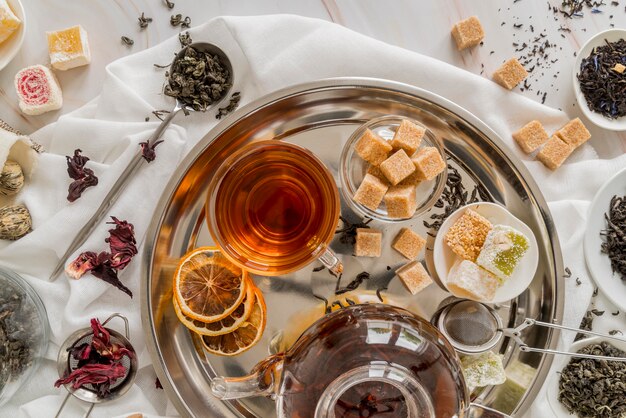 Tray with natural herbs and tea