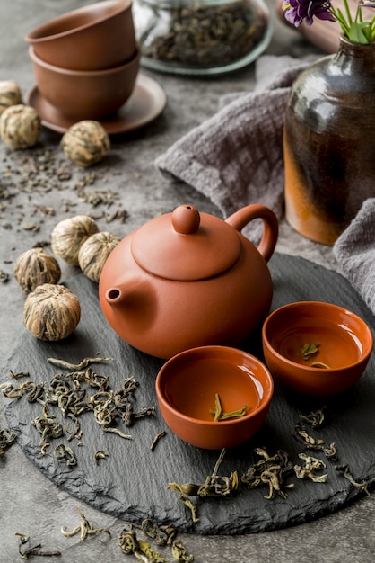 Free photo tray with tea pot and cups on desk