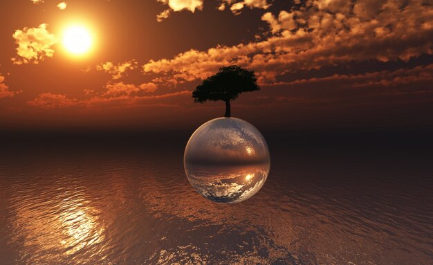 それ自体の上に浮いガラス球のツリーと3D風景