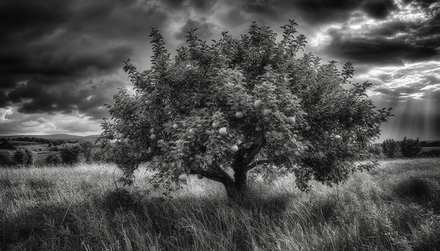 Foto gratuita un albero in un campo con un cielo nuvoloso