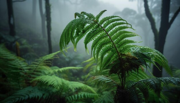 A tree in the forest with a green fern in the foreground