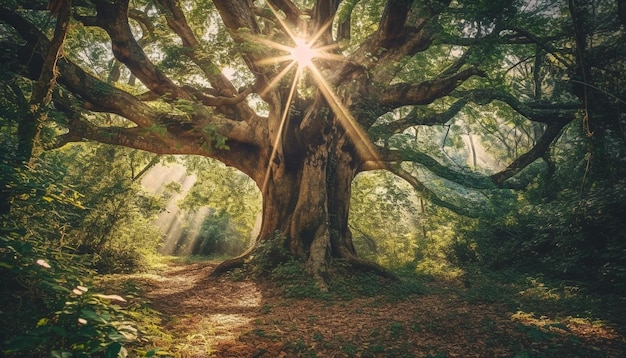 A tree in the forest with the sun shining through it