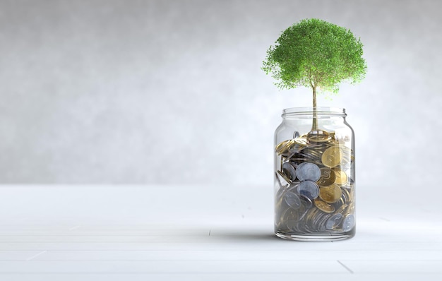 A tree grows on a coin in a glass jar with copy space