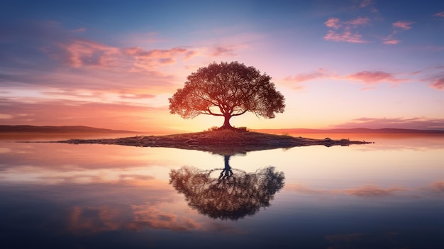 Un albero in mezzo a un lago al tramonto