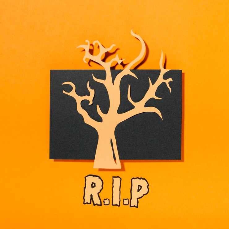 मुफ़्त फोटो tree on piece of black paper with r. i. p inscription below