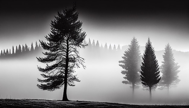 Tree silhouette in fog on dark landscape terrain generative AI