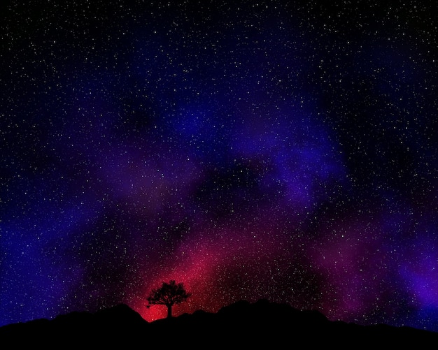 성운과 밤 하늘에 대하여 윤곽을 보여 나무