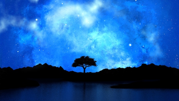 tree silhouetted against a starry night sky