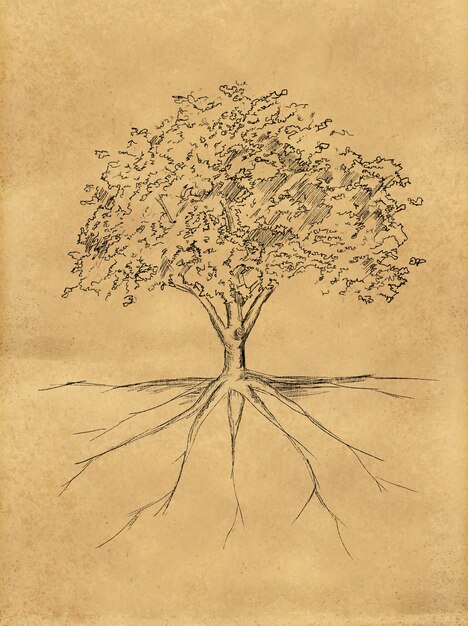 Дерево Эскиз листья и корень на бумаге