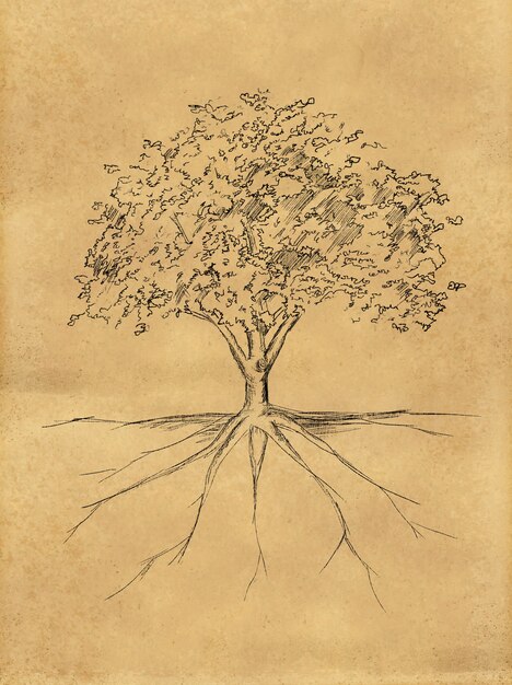 Tree Sketch leaves and root on paper