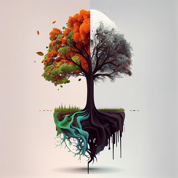 Tree with two seasons compared scene generative AI