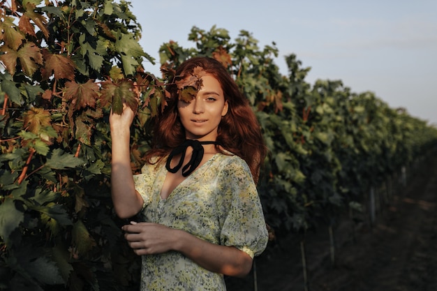 Trendy girl with long red hairstyle and black bandage on neck in light fashionable green clothes looking at front on vineyards