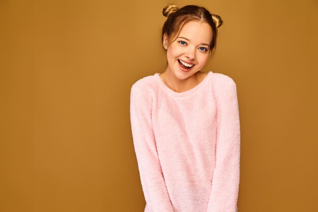 Trendy woman in casual cute pink clothes