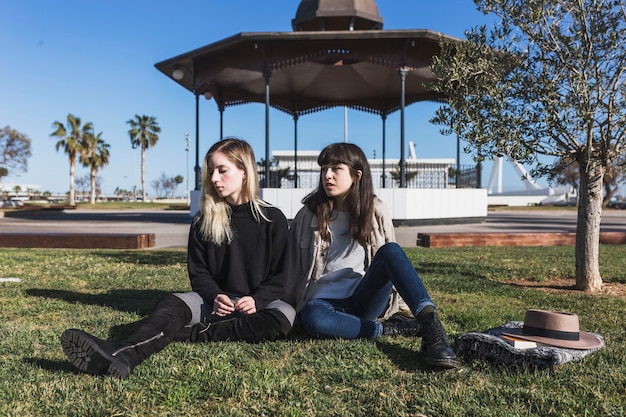 Trendy women sitting on park meadow