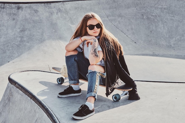 Модная молодая женщина с длинными волосами и солнцезащитными очками сидит в скейтпарке на своей длинной доске.