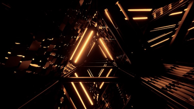 Triangular-shaped futuristic hallway with glowing golden lights