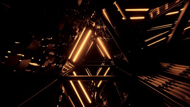 Футуристический коридор треугольной формы с сияющими золотыми огнями