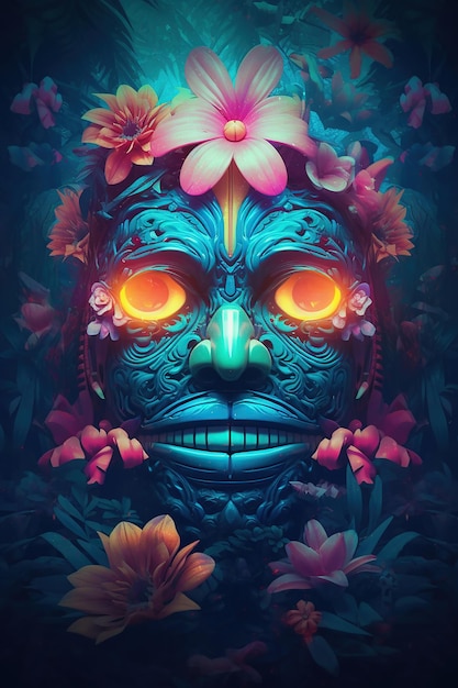 Tribal mask of a South Pacific islander Tiki theme in colorful flowers Generative Ai