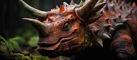 Free photo triceratops dinosaur head in the forest close up