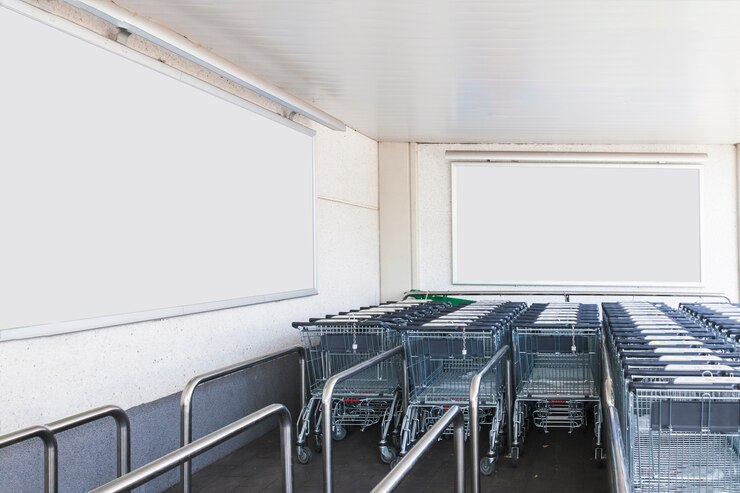 Free Photo trolleys luggage in shopping center with blank billboards for advertisement