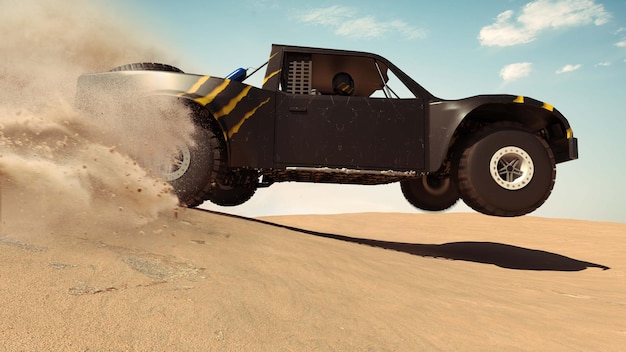사막에서 트로피 트럭 3d 그림을 렌더링