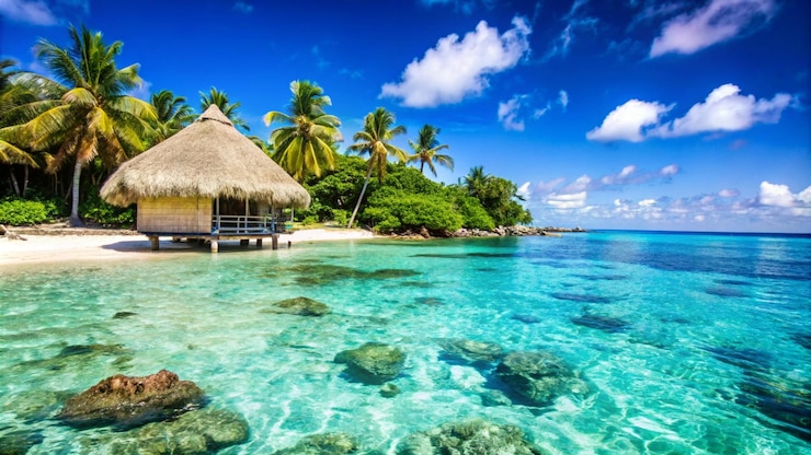 Tropical beach with a thatched hut clear blue water and palm trees