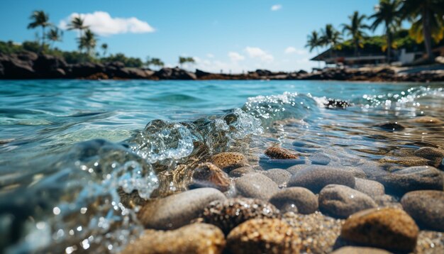 Free photo tropical coastline blue wave palm tree tranquil scene caribbean beauty generated by artificial intelligence