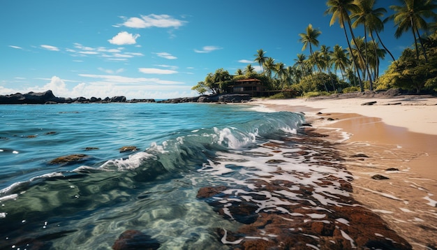 Foto gratuita scena tranquilla di tramonto di palme tropicali sulla costa generata dall'intelligenza artificiale