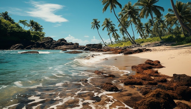 Foto gratuita costiere tropicali acque tranquille palme e bellezze al tramonto generate dall'intelligenza artificiale