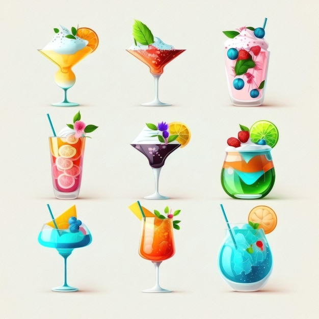 Foto gratuita cocktail tropicale impostato su sfondo isolato collezione di bevande colorate