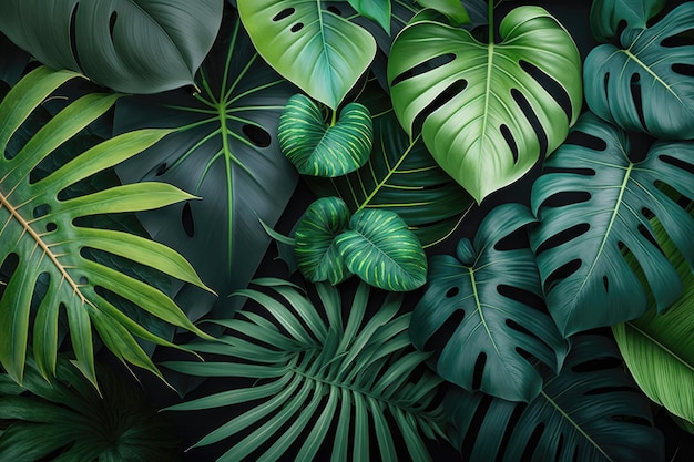 Тропические пальмовые листья узор фона Зеленая монстера листва дизайн украшения Растение с экзотическим листом крупным планом