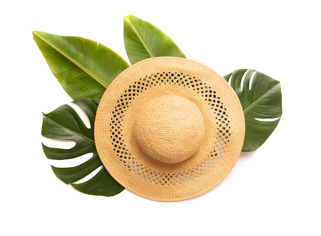 Tropical palm tree leaf and hat on a white background Flower in composition with monstera leaves Vibrant minimal fashion concept