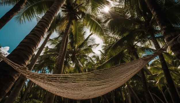 Tropical palm tree sways in tranquil sunset generated by AI