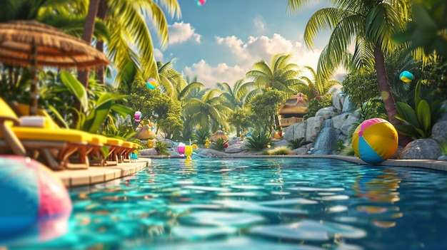Вечеринка у бассейна в тропическом раю для детей с тропическими напитками под пальмами и игрой в пляжный мяч.