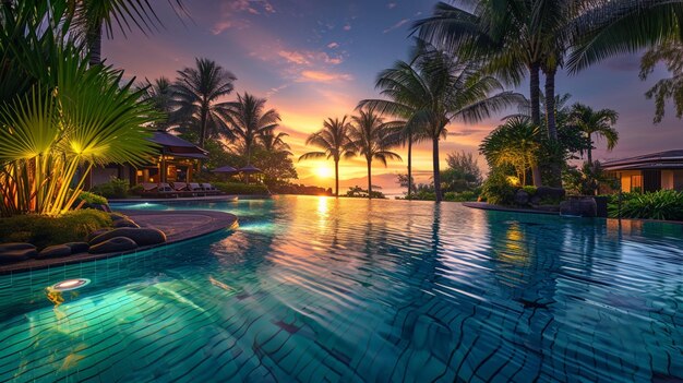 A tropical paradise at a poolside resort