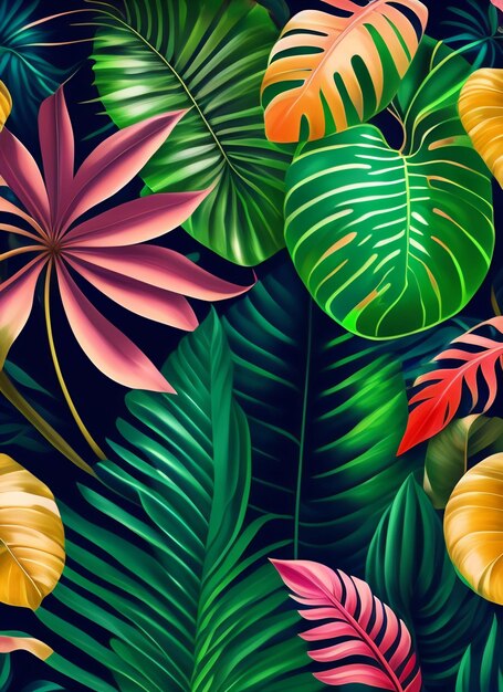 A tropical pattern with tropical leaves and flowers.