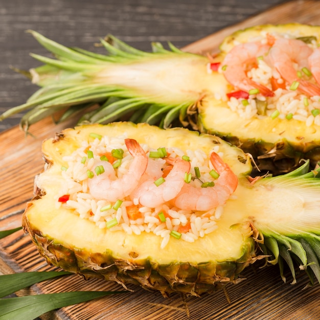 Tropical pineapple fruit with shrimps