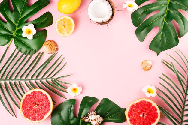 Tropical plant leaves and fruits 