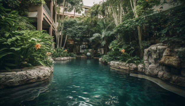 Free photo tropical rainforest palm trees and swimming pool generated by ai