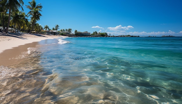 Foto gratuita un tramonto tropicale, acque turchesi, palme, perfetto paradiso per le vacanze generato dall'intelligenza artificiale.