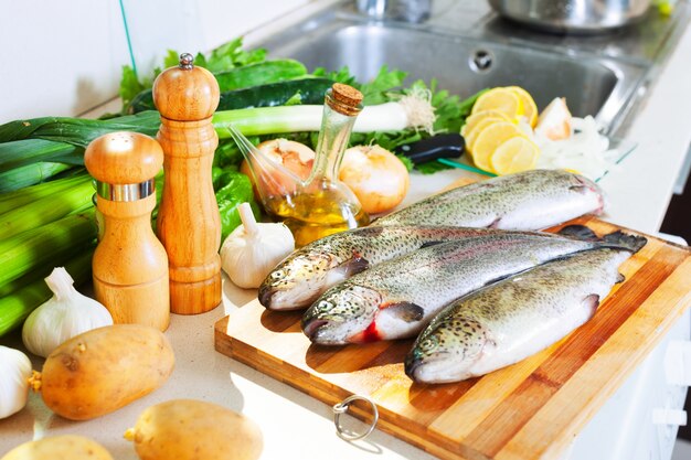 trout fish in home kitchen